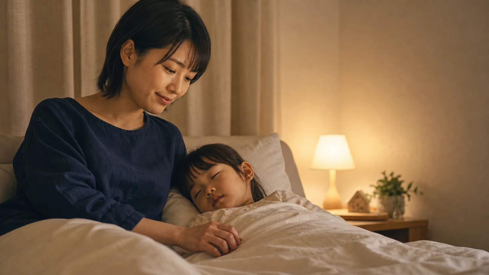 眠る子どもを見守る親