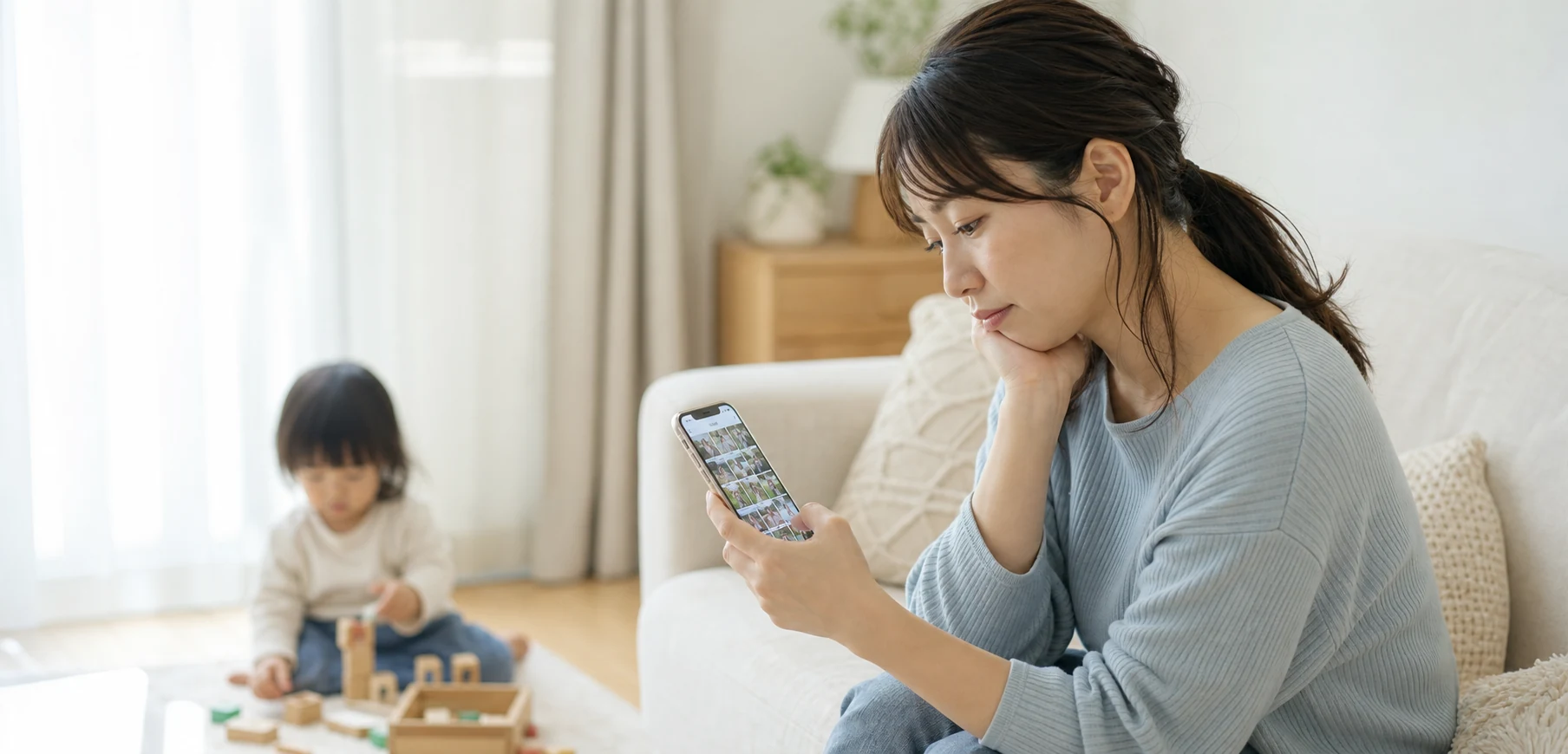 スマホの写真を見返す母親とそばで遊ぶ子ども